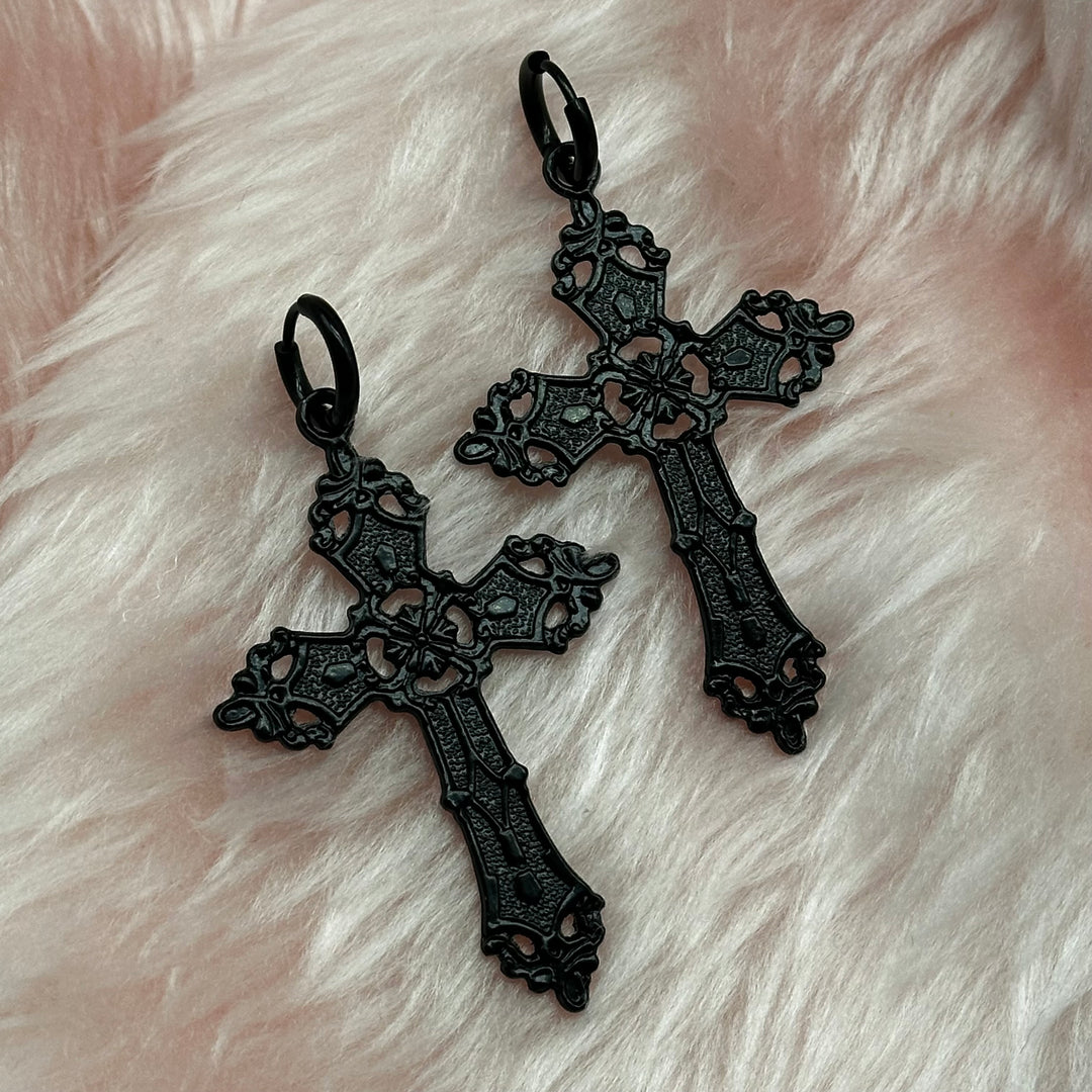 GOTHIC CROSS BLACK HOOP EARRINGS