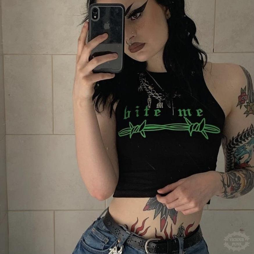 ‘BITE ME’ BARBED WIRE BLACK VEST