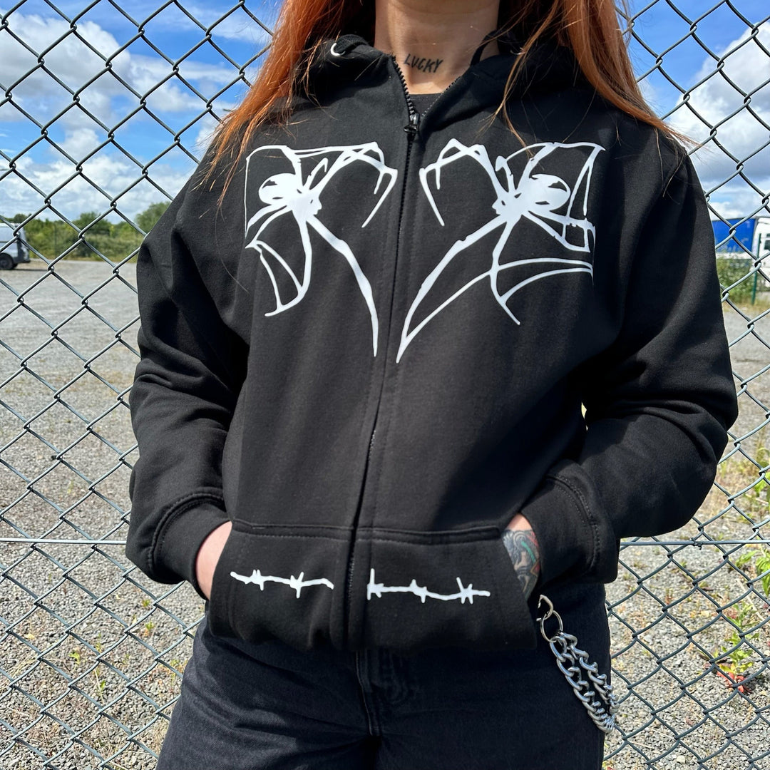 HORROR SPIDER & BARBED WIRE ZIP UP HOODIE - VARIOUS COLOURS-Vicious Punx-Vicious Punx