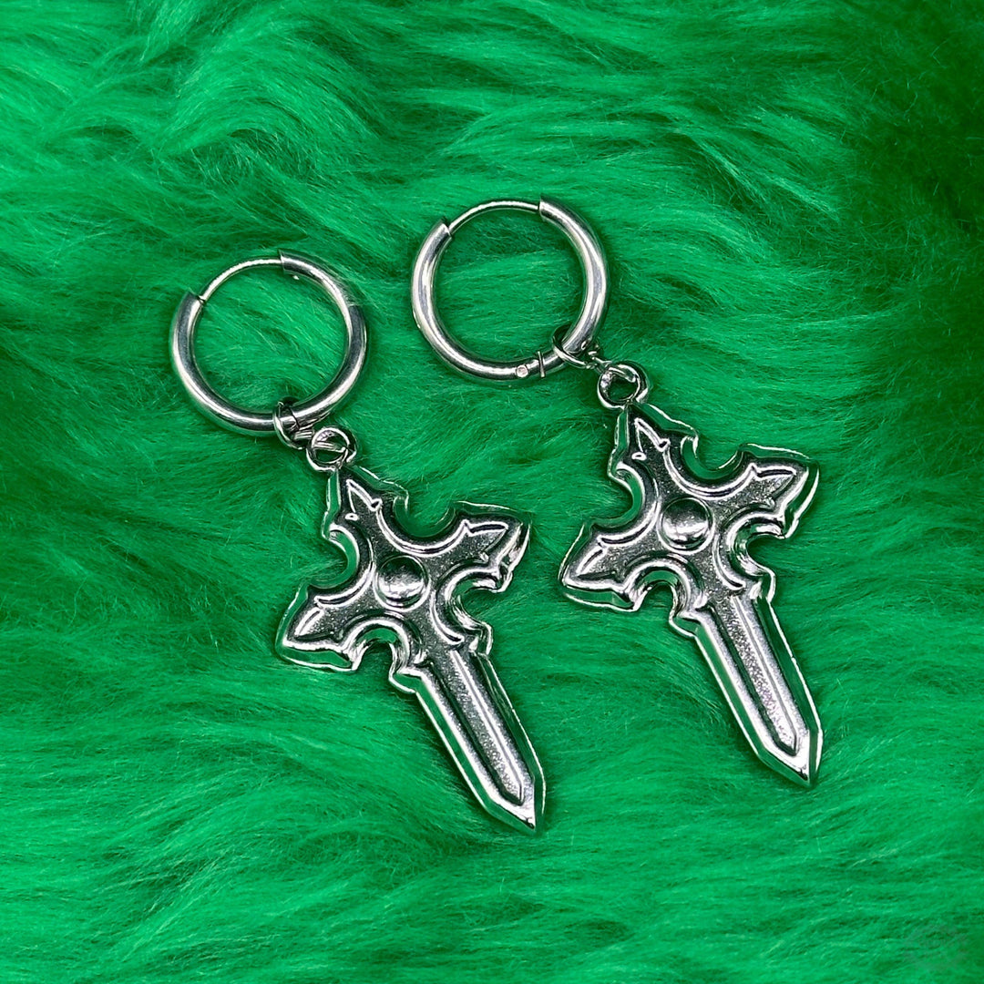 GOTHIC SPIKE CROSS HOOP EARRINGS
