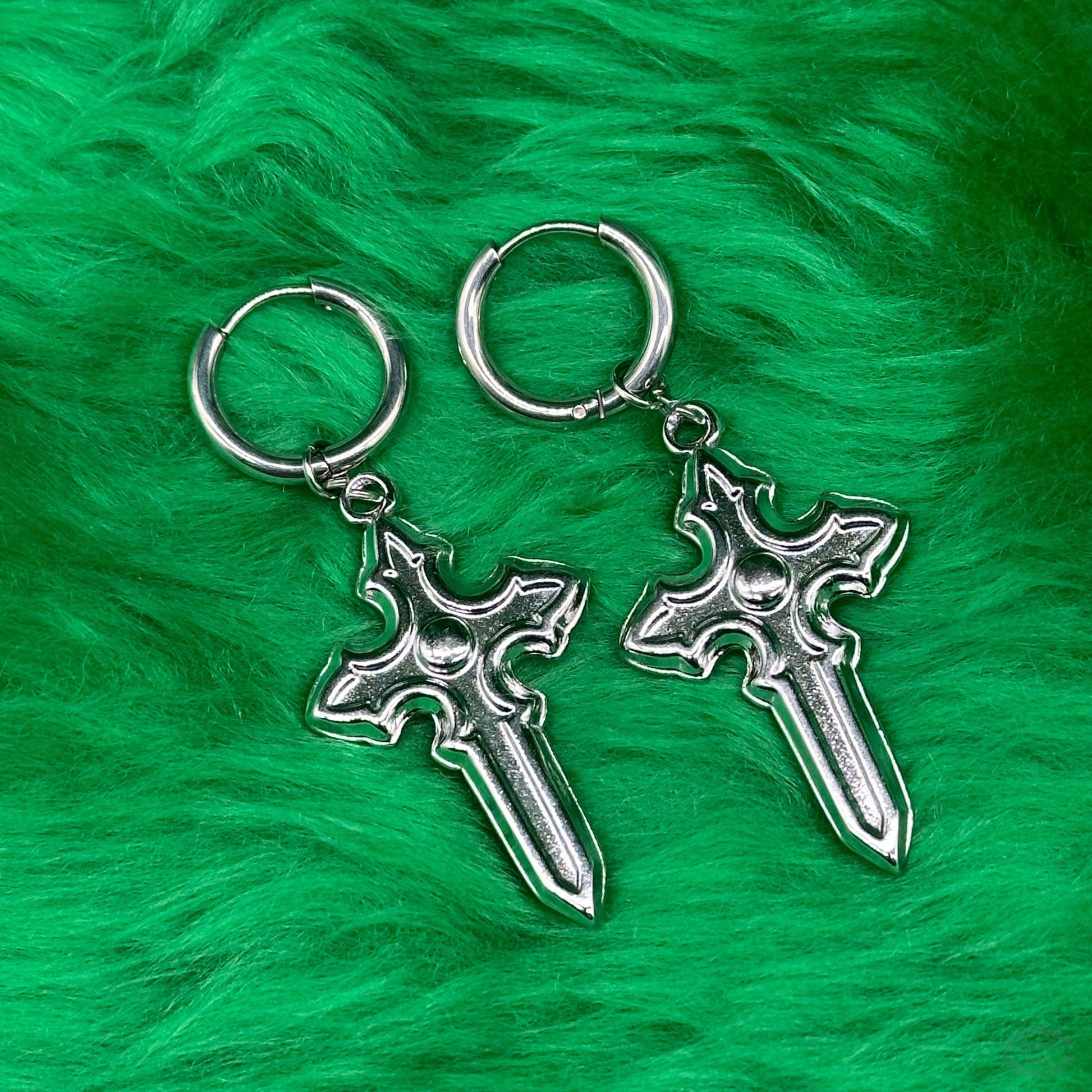 GOTHIC SPIKE CROSS HOOP EARRINGS