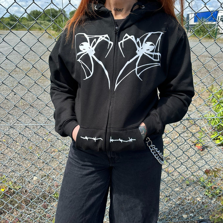 HORROR SPIDER & BARBED WIRE ZIP UP HOODIE - VARIOUS COLOURS-Vicious Punx-Vicious Punx