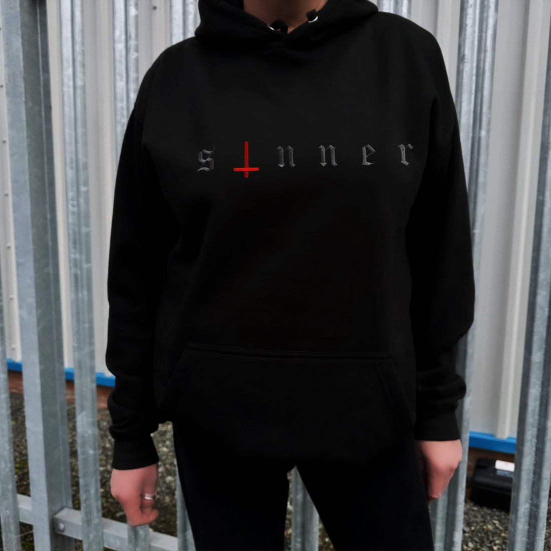 SINNER EMBROIDERED BLACK HOODIE-Vicious Punx-Vicious Punx