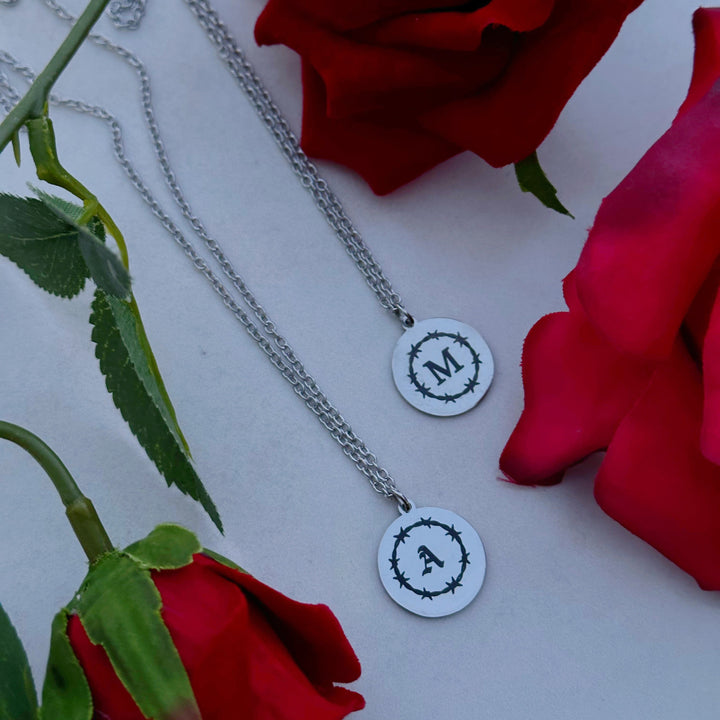 BARBED WIRE ROUND INITIAL PENDANT NECKALCE