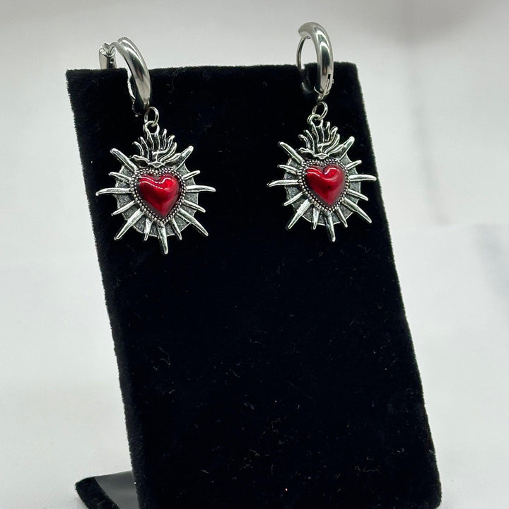 RED SACRED HEART HOOP EARRINGS
