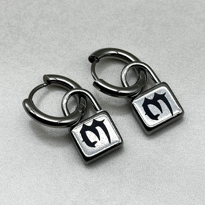 GOTHIC INITIAL LOCK HOOP EARRINGS