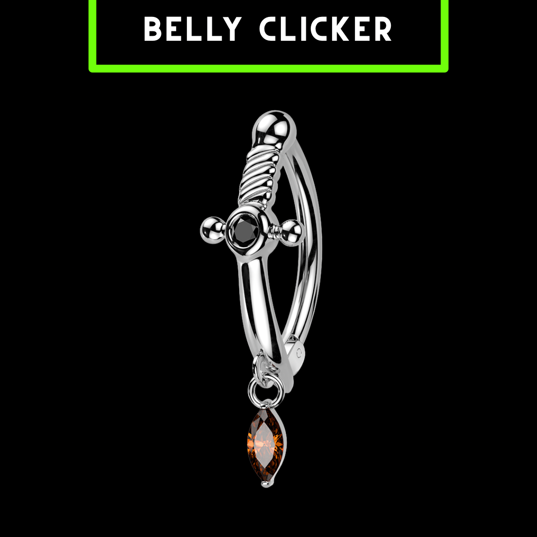 Gothic Dagger Belly Button Ring – Hinged Clicker with Marquise CZ Dangle
