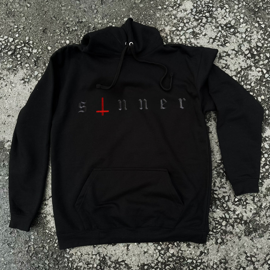 SINNER EMBROIDERED BLACK HOODIE-Vicious Punx-Vicious Punx