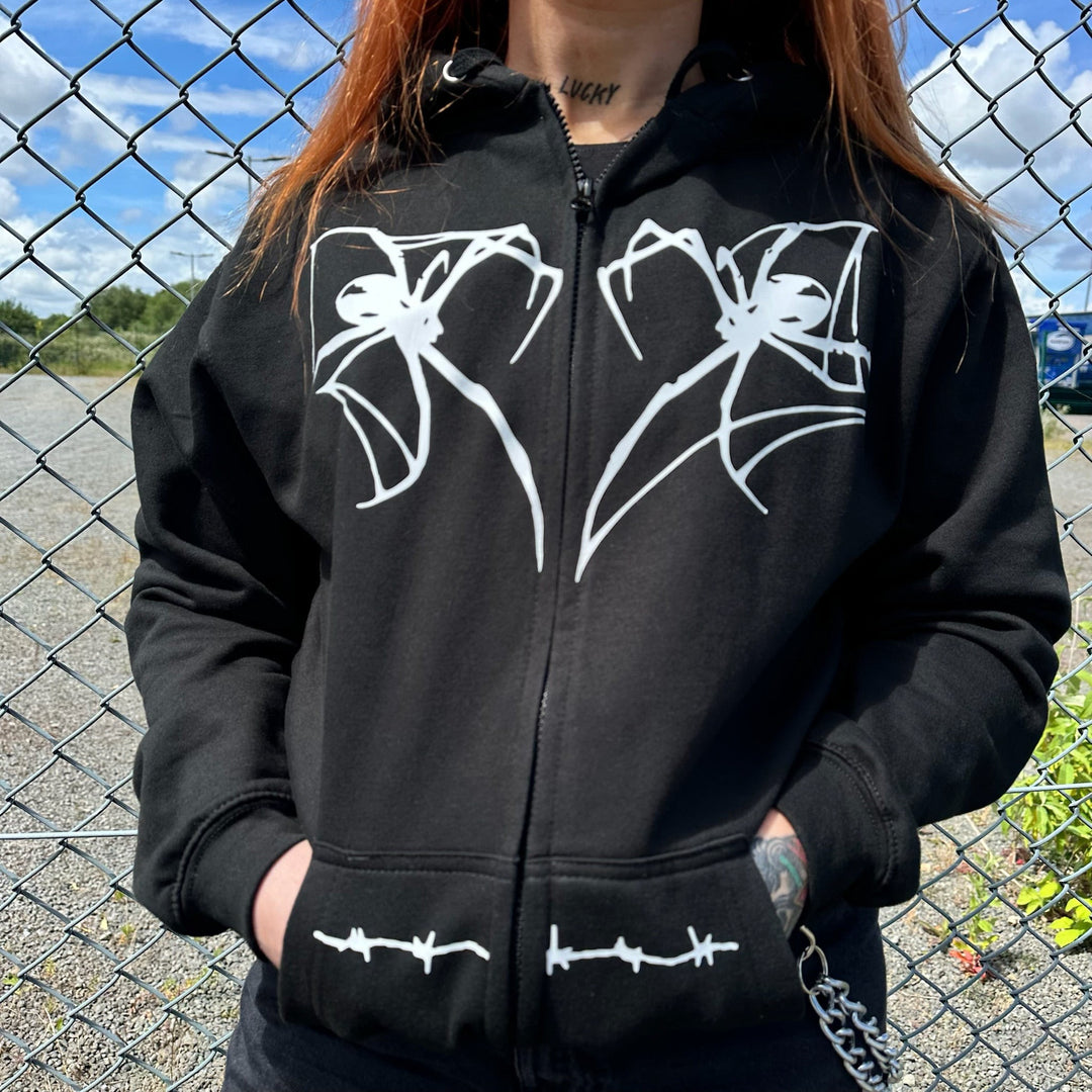 HORROR SPIDER & BARBED WIRE ZIP UP HOODIE - VARIOUS COLOURS-Vicious Punx-Vicious Punx