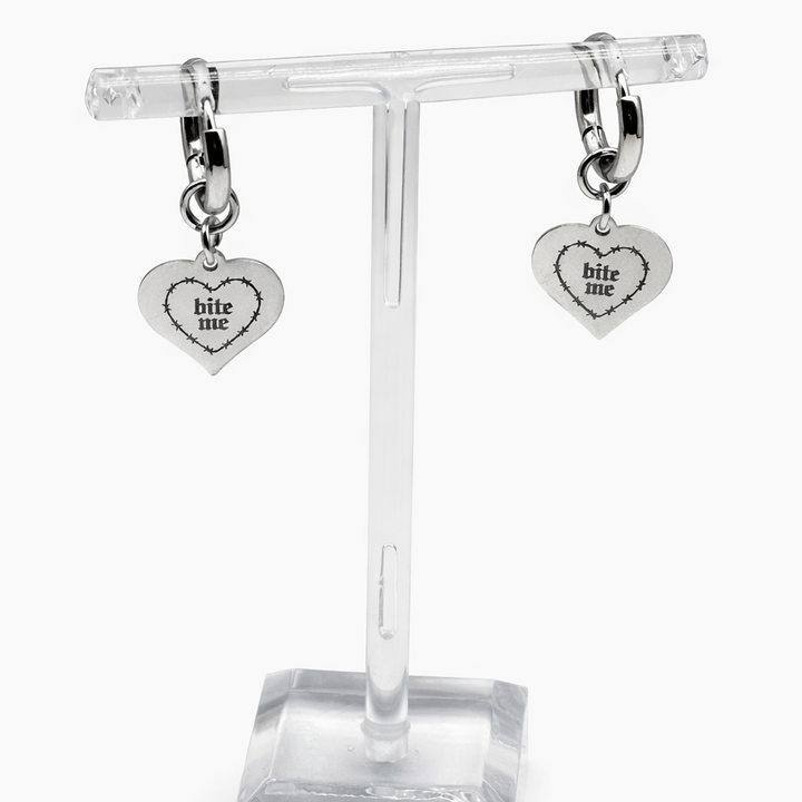 BITE ME BARBED WIRE HEART EARRINGS