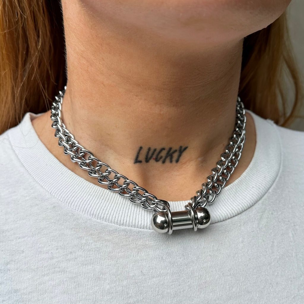 Double Chain Barbell Necklace – Unisex Goth Choker