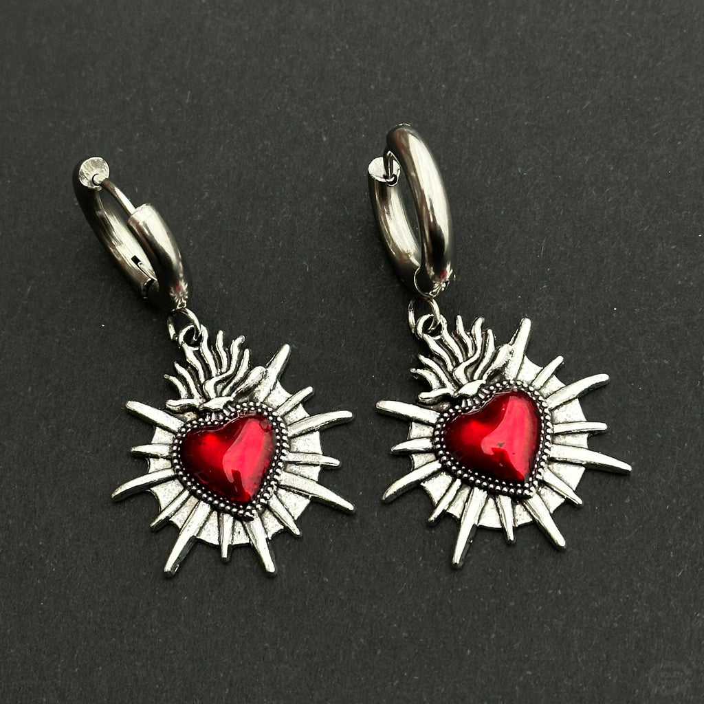 RED SACRED HEART HOOP EARRINGS