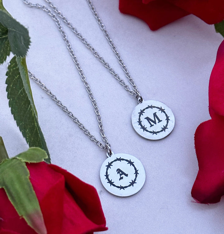 BARBED WIRE ROUND INITIAL PENDANT NECKALCE