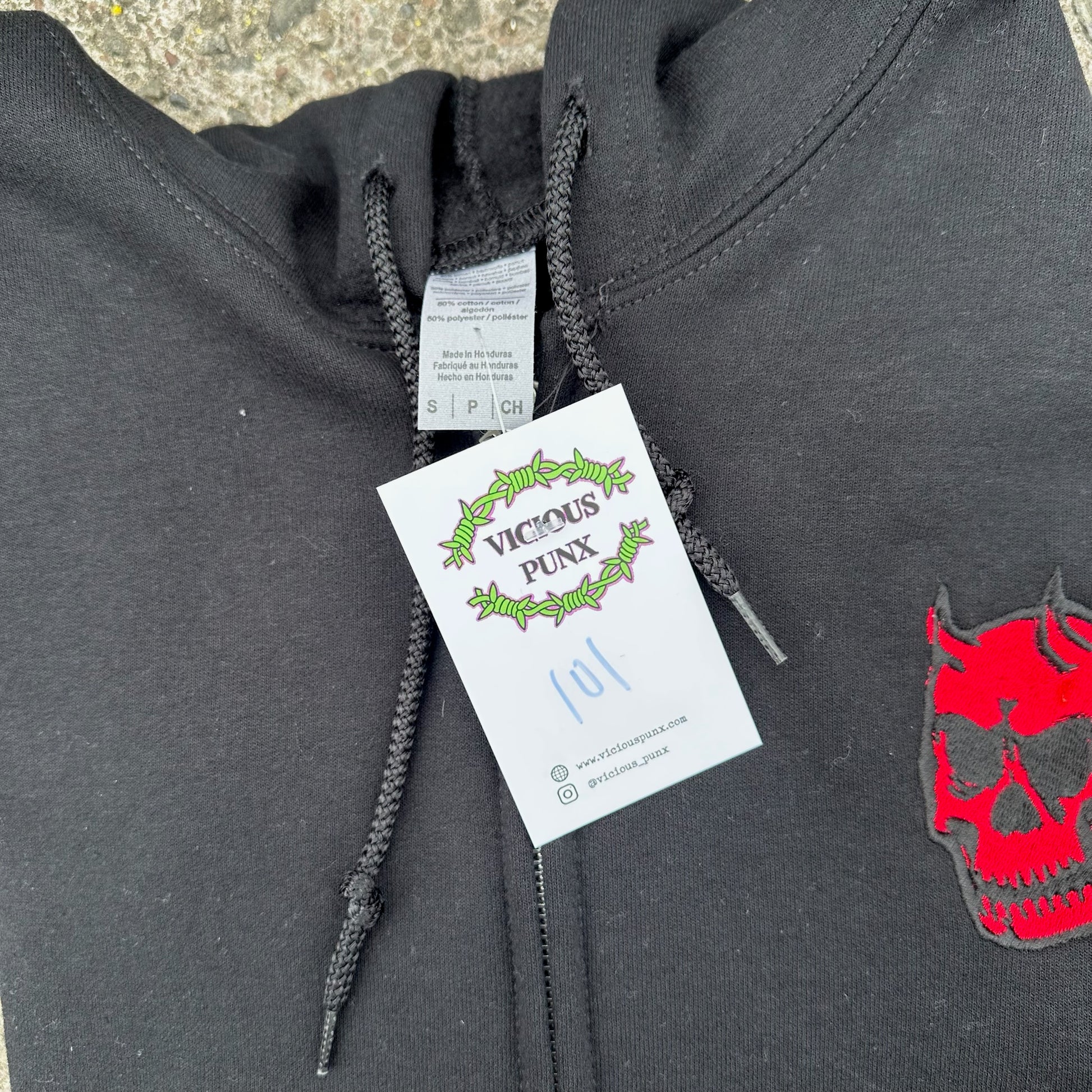 Sample Sale - Red Skull Embroidered Black Zip Up - Small - (101)