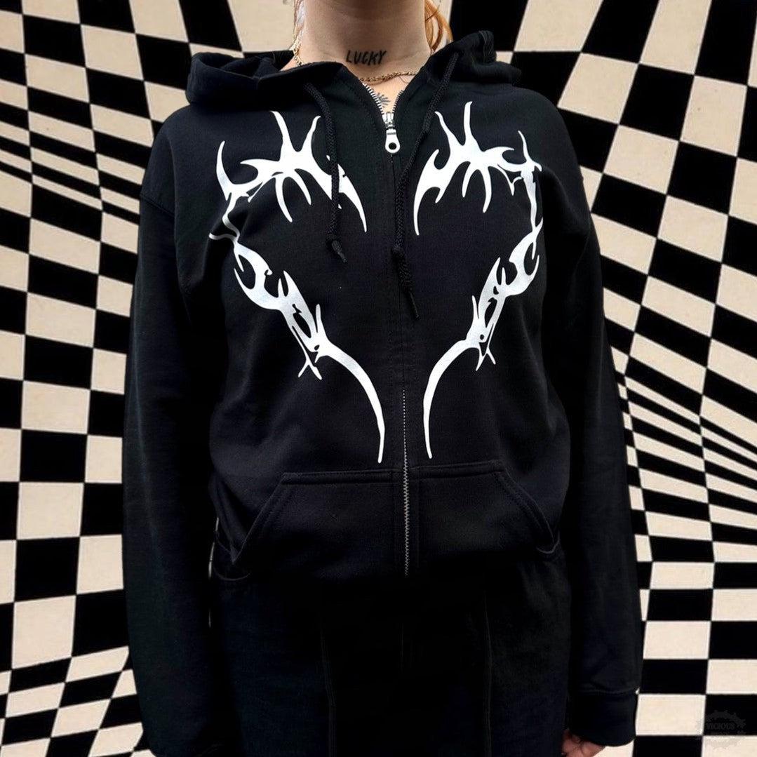 TRIBAL BARBED HEART ZIP UP HOODIE-Vicious Punx-Vicious Punx