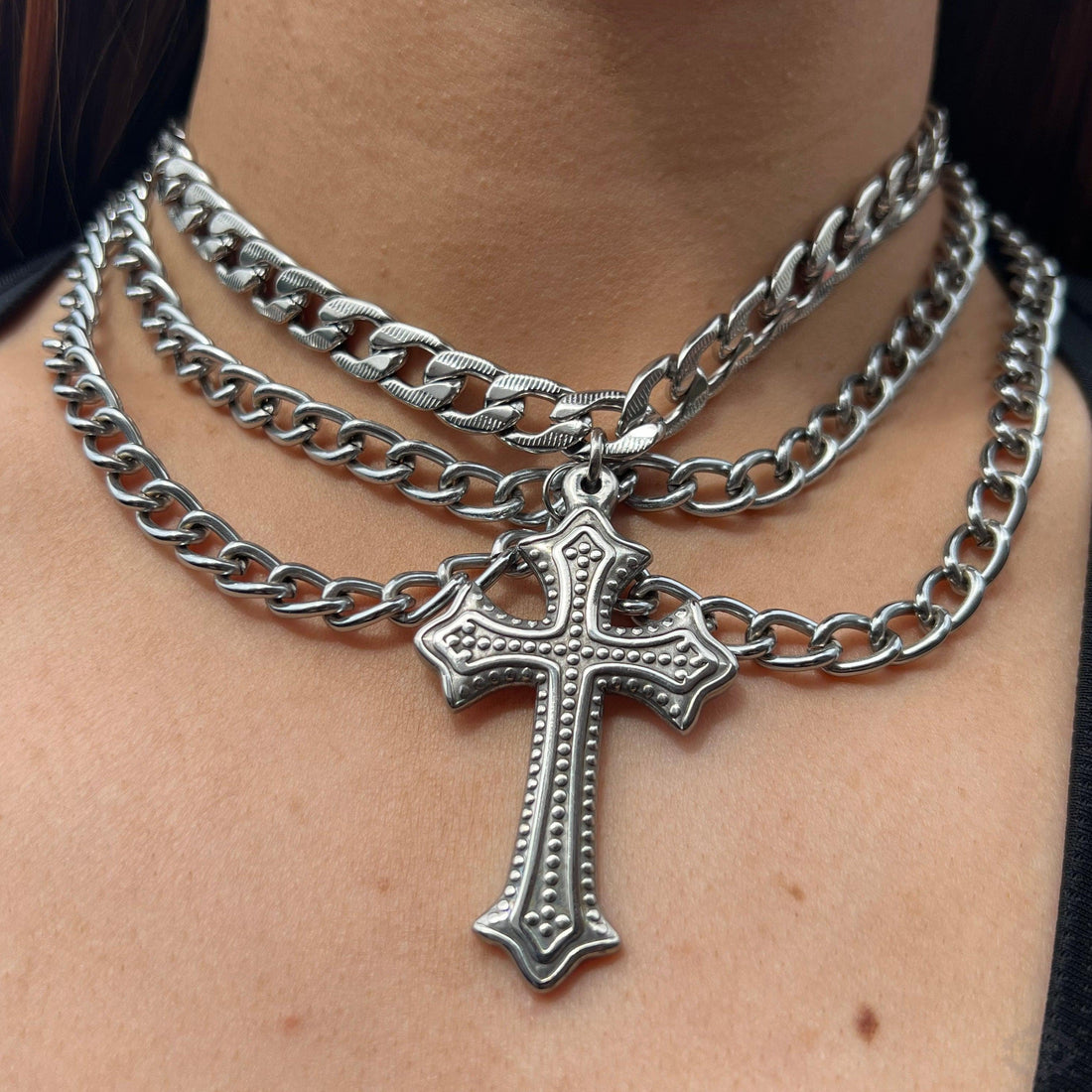 TRIPLE CHAIN &amp; CROSS NECKLACE-Vicious Punx-Vicious Punx