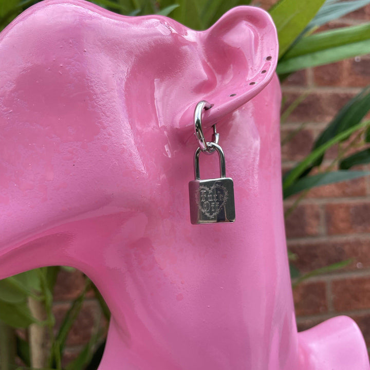 SILVER ‘FUCK OFF’ BARBED HEART PADLOCK EARRINGS-Vicious Punx-Vicious Punx