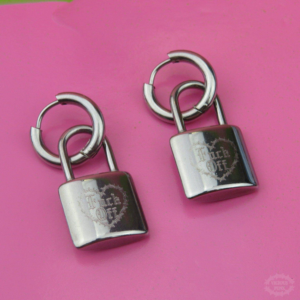 SILVER ‘FUCK OFF’ BARBED HEART PADLOCK EARRINGS-Vicious Punx-Vicious Punx